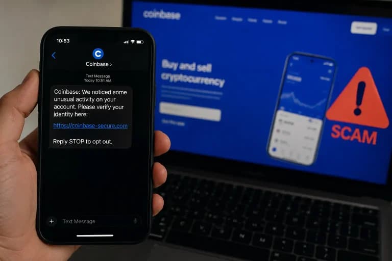 Phone screen showing a fake Coinbase text message scam alert